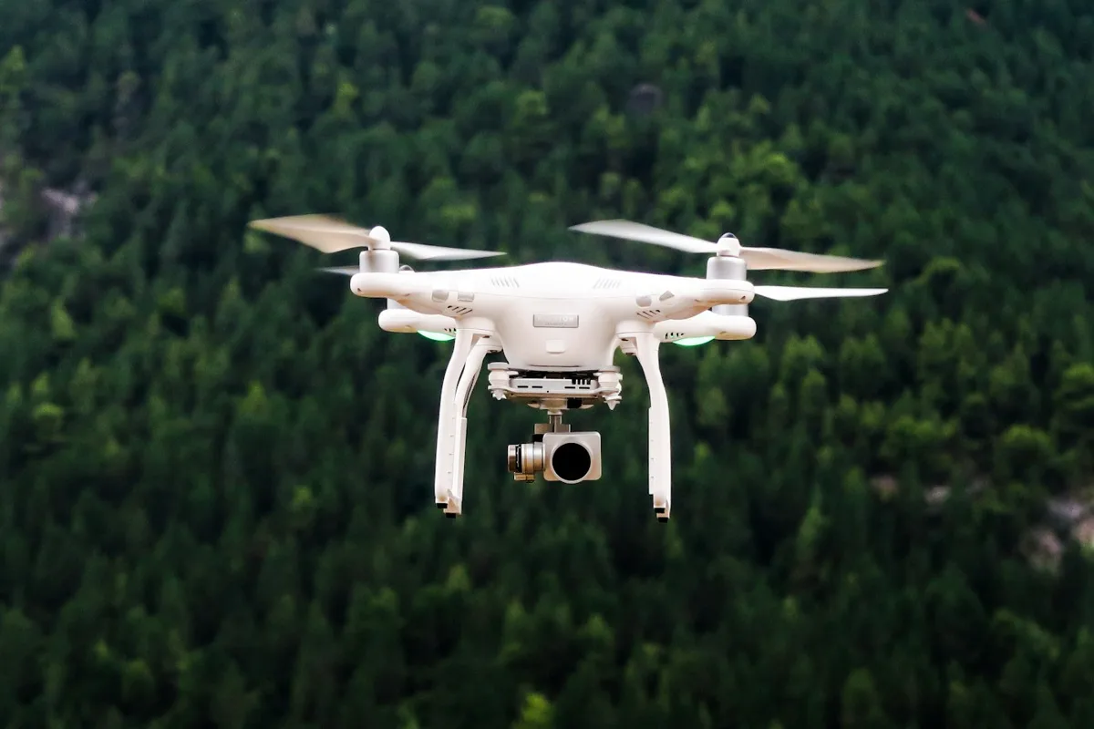 Editorial photograph of a camera drone in flight